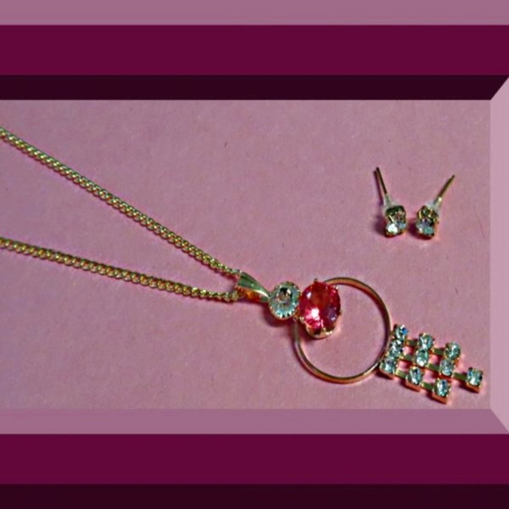 Gold Tone Necklace & Stud Earring Jewelry Set With Pink & Clear Crystals